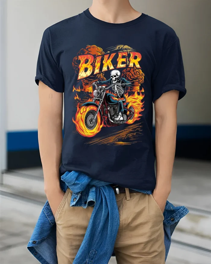Skeleton Biker T-Shirt Flaming Motorcycle Graphic Tee - model wearing navy shirt, hands in pockets