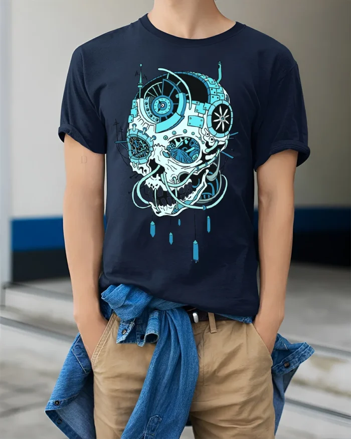 Cyber Skull Tech T-Shirt Futuristic Blue Skull Graphic - model wearing navy shirt, hands in pockets