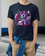 Gothic Unicorn T-Shirt Grim Fantasy Cute Creepy Tee - model wearing navy shirt, hands in pockets