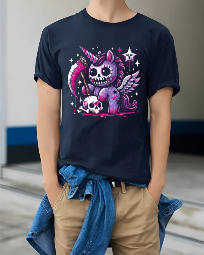 Gothic Unicorn T-Shirt Grim Fantasy Cute Creepy Tee - model wearing navy shirt, hands in pockets