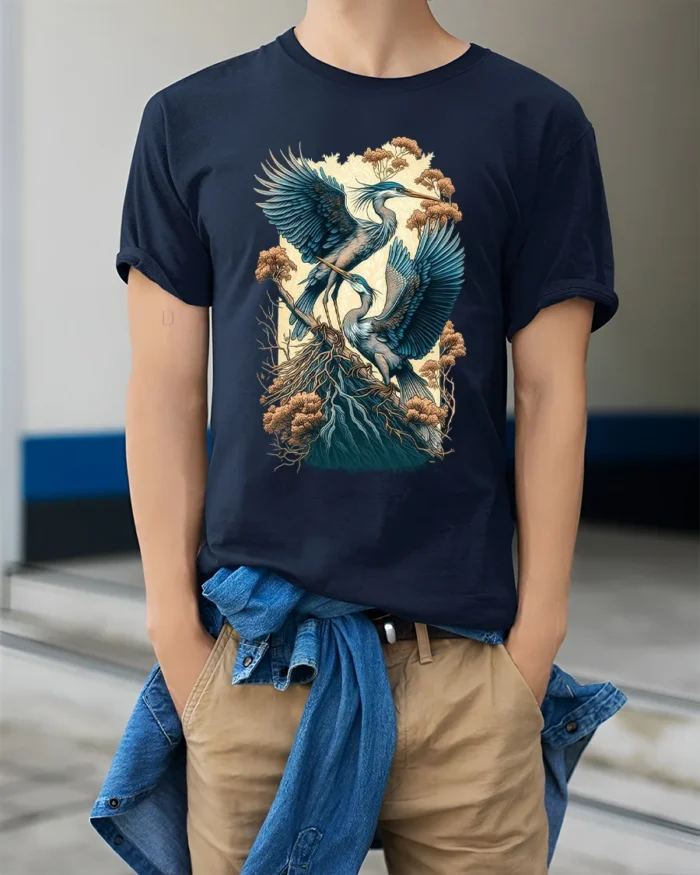 Majestic Heron Nature Scene T-Shirt Bird Art Tee - model wearing navy shirt, hands in pockets