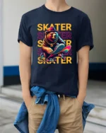 Cool Skater Bear Graphic T-Shirt Urban Streetwear Tee - model wearing navy shirt, hands in pockets