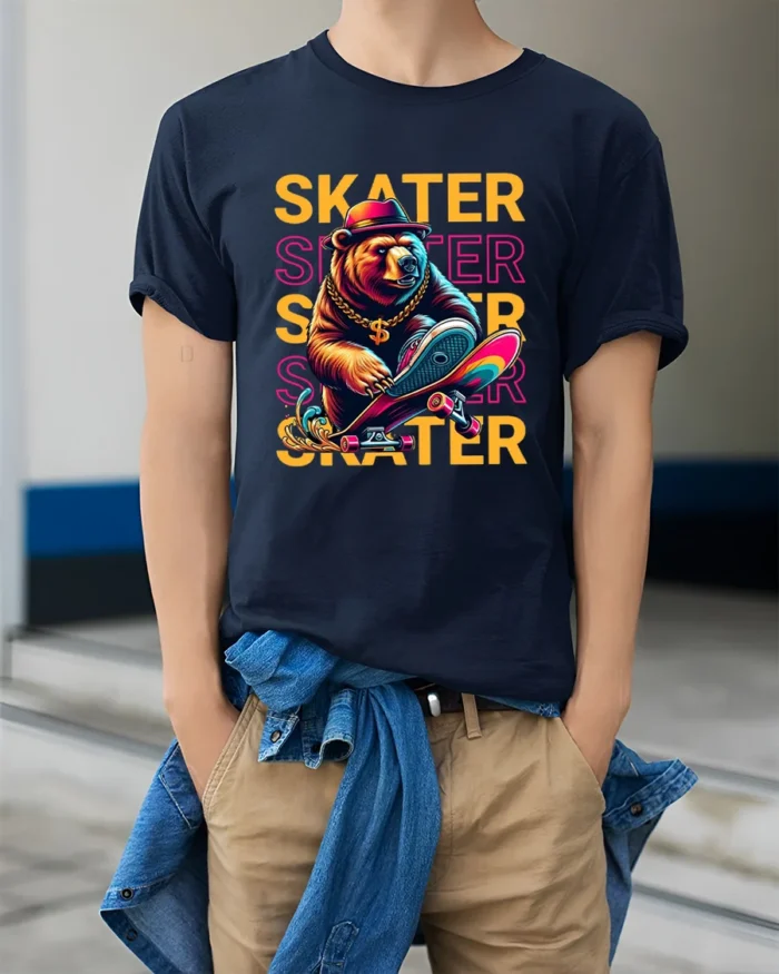Cool Skater Bear Graphic T-Shirt Urban Streetwear Tee - model wearing navy shirt, hands in pockets