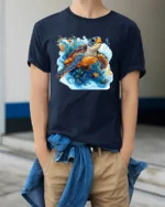 Aquatic Turtle T-Shirt Ocean Wildlife Nature Graphic - model wearing navy shirt, hands in pockets