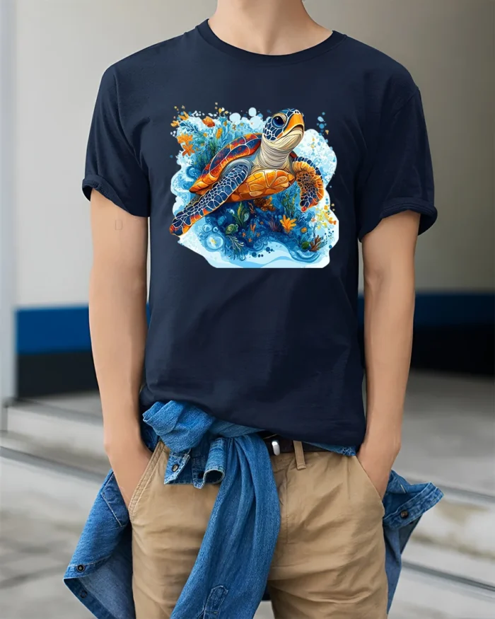 Aquatic Turtle T-Shirt Ocean Wildlife Nature Graphic - model wearing navy shirt, hands in pockets