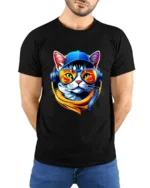 Cool Cat DJ T-Shirt Hip Hop Cat in Headphones Tee - model wearing black shirt, hands behind back