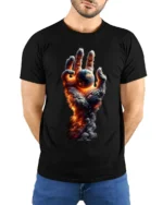 Earth in Flames T-Shirt Fiery Cosmic Hand Graphic Tee - model wearing black shirt, hands behind back