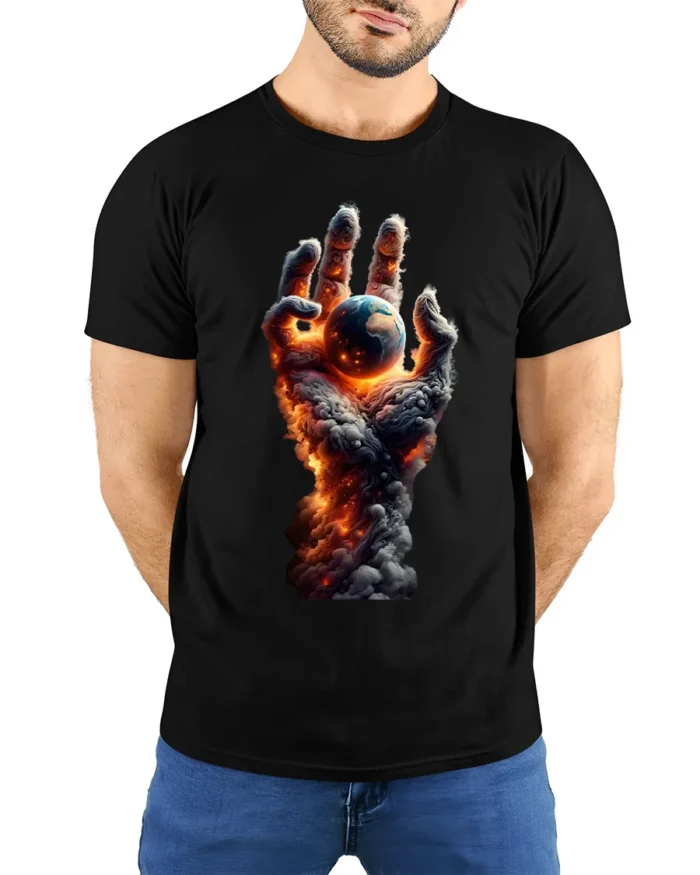 Earth in Flames T-Shirt Fiery Cosmic Hand Graphic Tee - model wearing black shirt, hands behind back