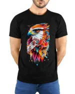 Bold Abstract Eagle Print T-Shirt Artistic Streetwear - model wearing black shirt, hands behind back