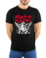 Make Money Angel Graphic T-Shirt Streetwear Style Tee - model wearing black shirt, hands behind back
