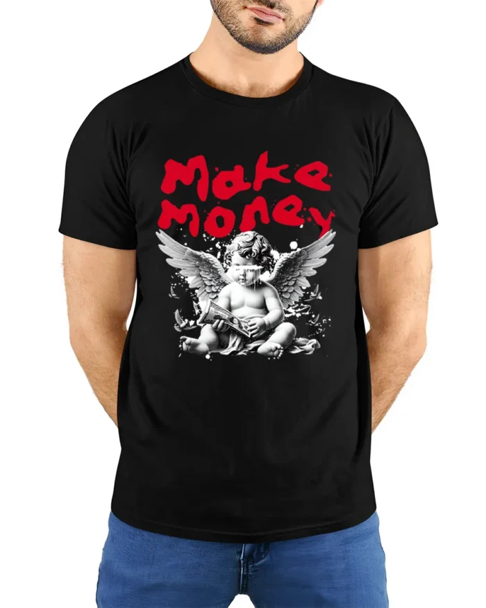 Make Money Angel Graphic T-Shirt Streetwear Style Tee - model wearing black shirt, hands behind back