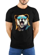 Cool Panda With Sunglasses T-Shirt Funny Animal Tee - model wearing black shirt, hands behind back