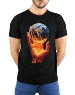 Earth on Fire Graphic T-Shirt Fiery Hand Planet Art Tee - model wearing black shirt, hands behind back