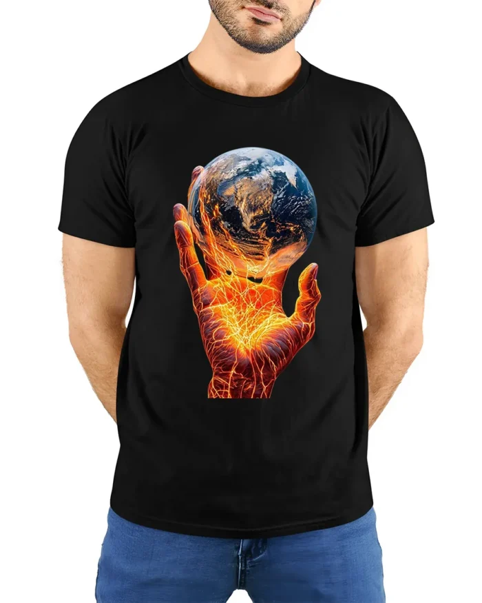 Earth on Fire Graphic T-Shirt Fiery Hand Planet Art Tee - model wearing black shirt, hands behind back