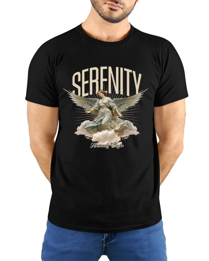 Serenity Angel Graphic T-Shirt Heavenly Choirs Print Tee - model wearing black shirt, hands behind back