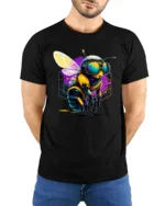 Cool Cyber Bee T-Shirt Neon Insect Graphic Streetwear - model wearing black shirt, hands behind back