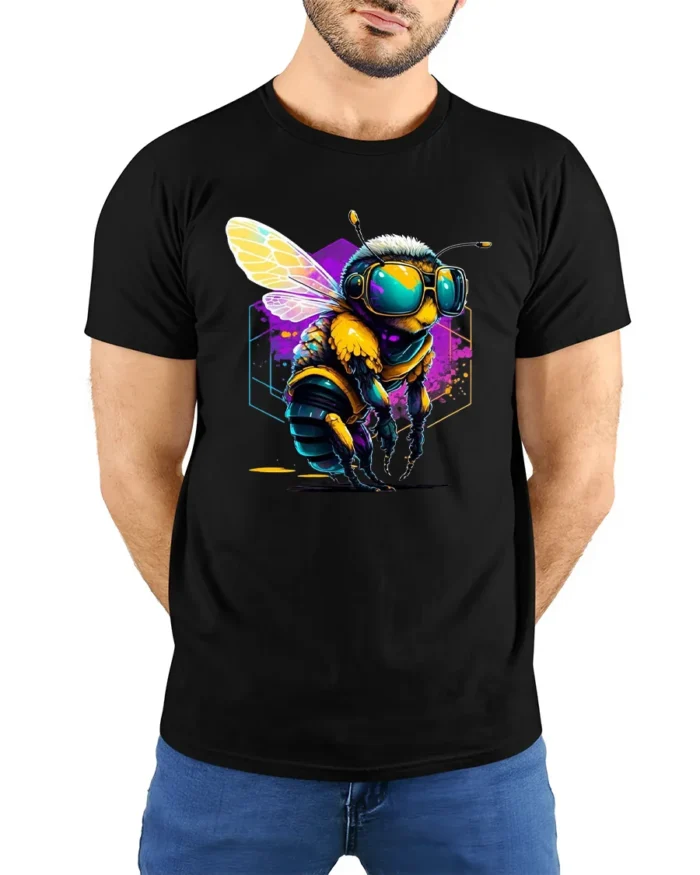 Cool Cyber Bee T-Shirt Neon Insect Graphic Streetwear - model wearing black shirt, hands behind back