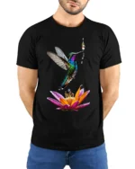 Colorful Hummingbird and Flower T-Shirt Nature Art Tee - model wearing black shirt, hands behind back