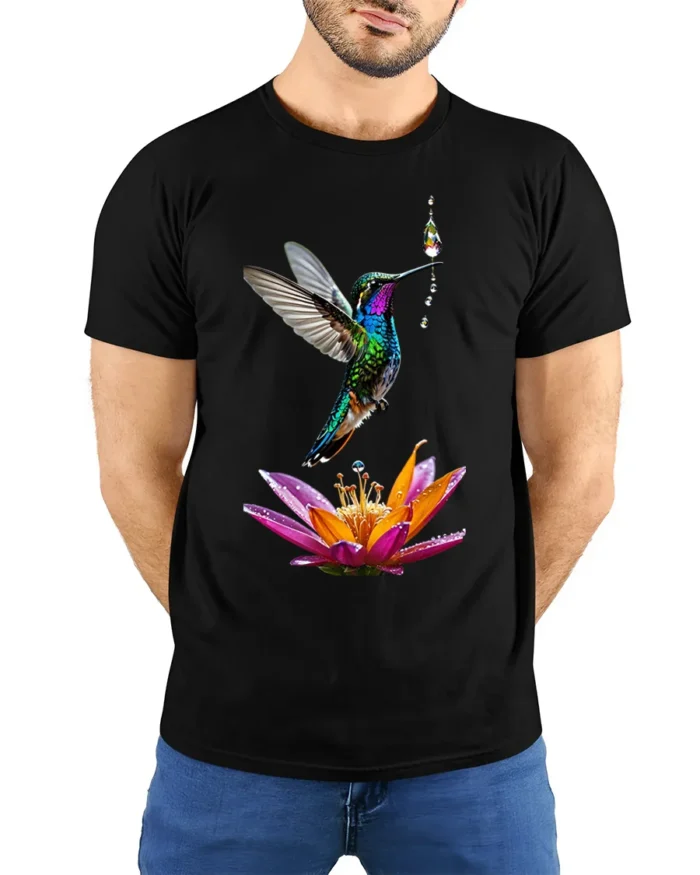 Colorful Hummingbird and Flower T-Shirt Nature Art Tee - model wearing black shirt, hands behind back