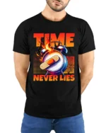 Time Never Lies Motivational T-Shirt Graphic Fire Clock Tee - model wearing black shirt, hands behind back