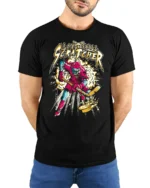 Ice Skull Scratcher Hockey T-Shirt Skeleton Player Tee - model wearing black shirt, hands behind back
