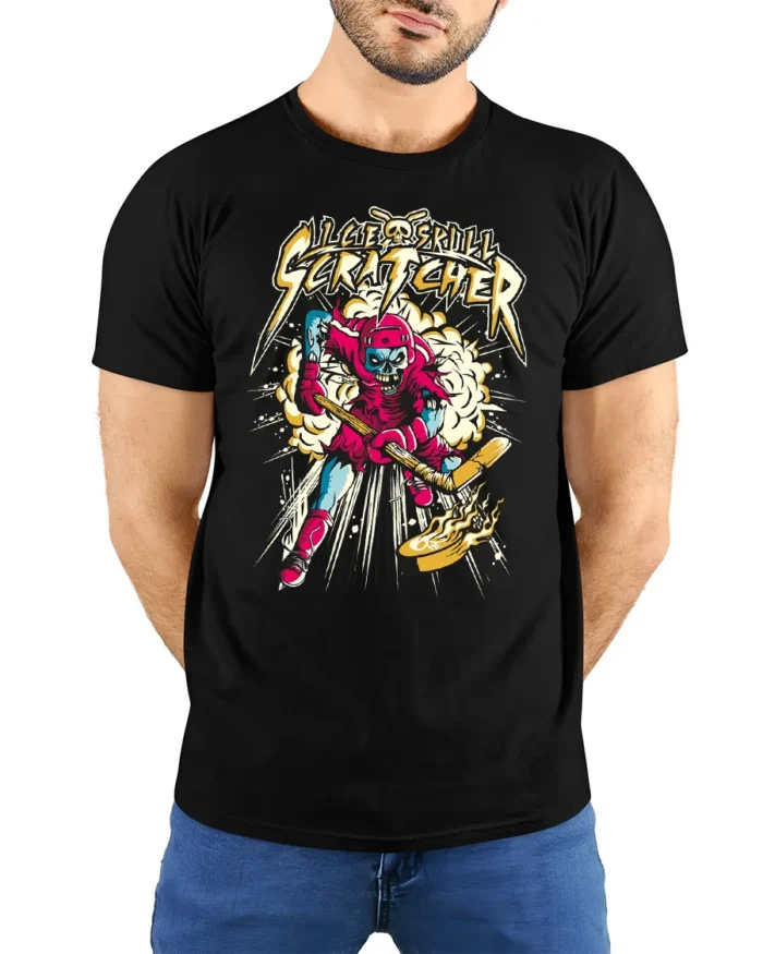Ice Skull Scratcher Hockey T-Shirt Skeleton Player Tee - model wearing black shirt, hands behind back