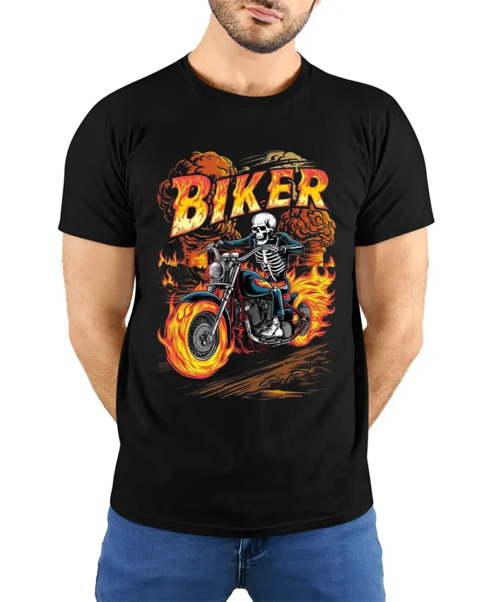 Skeleton Biker T-Shirt Flaming Motorcycle Graphic Tee - model wearing black shirt, hands behind back
