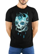 Cyber Skull Tech T-Shirt Futuristic Blue Skull Graphic - model wearing black shirt, hands behind back