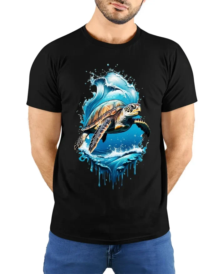 Ocean Turtle Graphic T-Shirt Sea Life Nature Tee - model wearing black shirt, hands behind back
