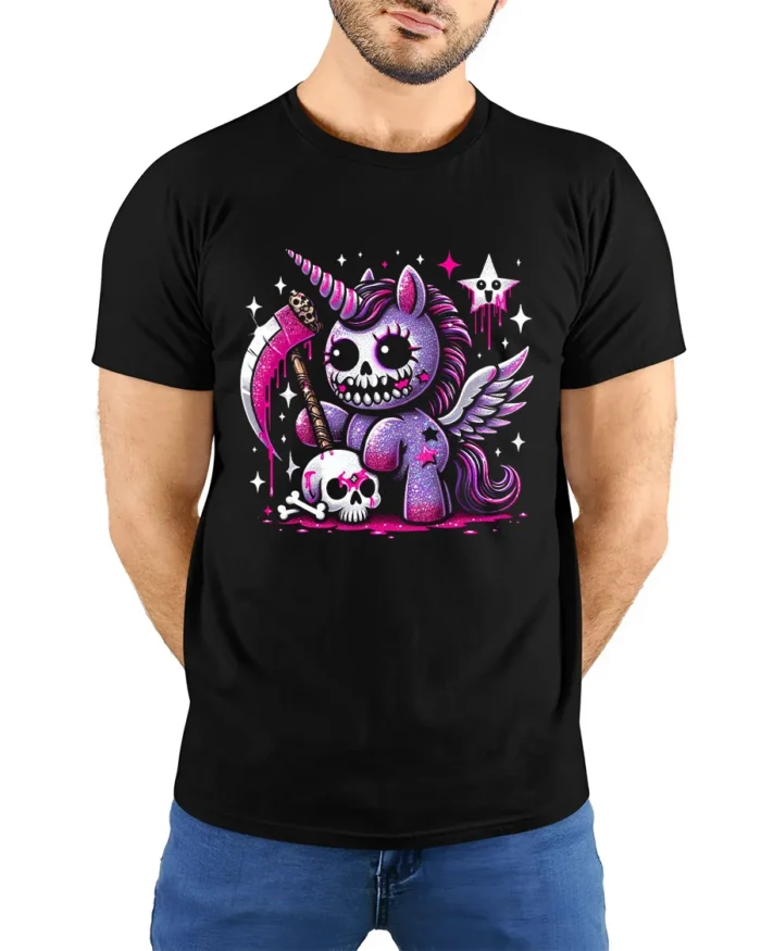 Gothic Unicorn T-Shirt Grim Fantasy Cute Creepy Tee - model wearing black shirt, hands behind back