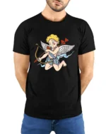 Vintage Cupid T-Shirt Romantic Angel Love Arrow Tee - model wearing black shirt, hands behind back