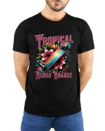 Tropical Skateboard T-Shirt Aloha Beach Style Tee - model wearing black shirt, hands behind back