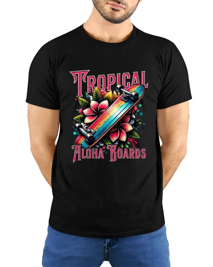 Tropical Skateboard T-Shirt Aloha Beach Style Tee - model wearing black shirt, hands behind back