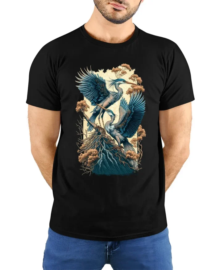 Majestic Heron Nature Scene T-Shirt Bird Art Tee - model wearing black shirt, hands behind back