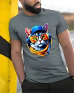 Cool Cat DJ T-Shirt Hip Hop Cat in Headphones Tee - model in grey shirt leaning against column