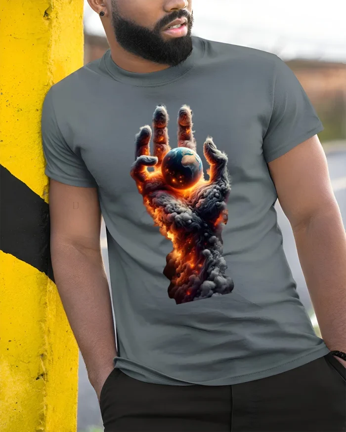 Earth in Flames T-Shirt Fiery Cosmic Hand Graphic Tee - model in grey shirt leaning against column