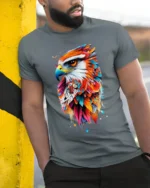 Bold Abstract Eagle Print T-Shirt Artistic Streetwear - model in grey shirt leaning against column