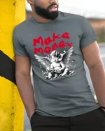 Make Money Angel Graphic T-Shirt Streetwear Style Tee - model in grey shirt leaning against column