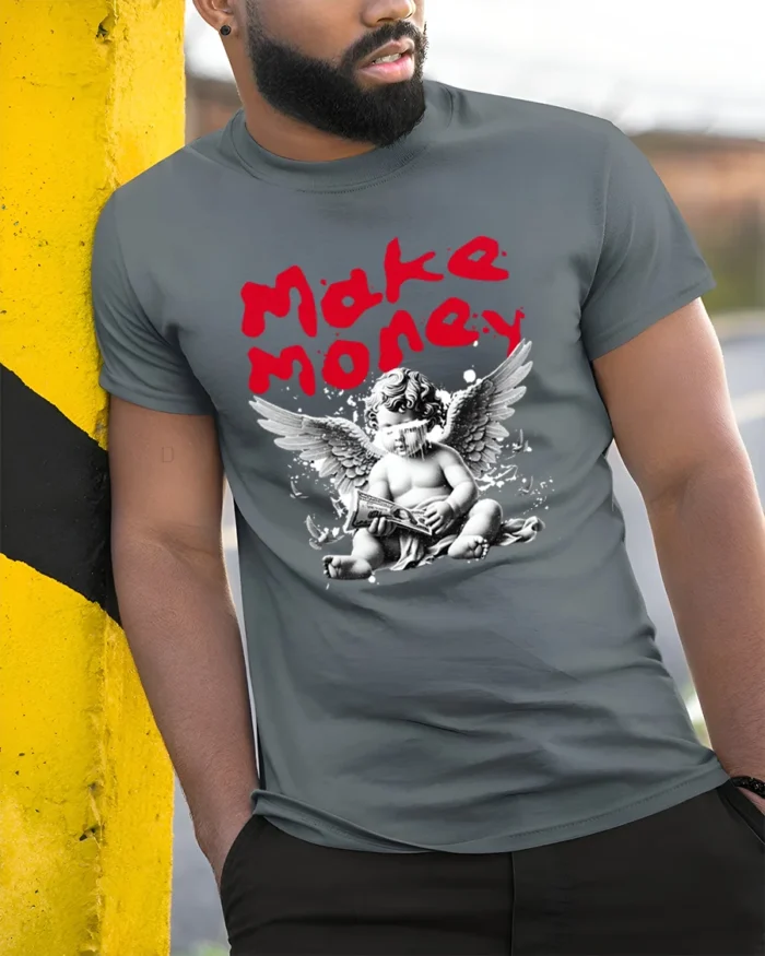 Make Money Angel Graphic T-Shirt Streetwear Style Tee - model in grey shirt leaning against column