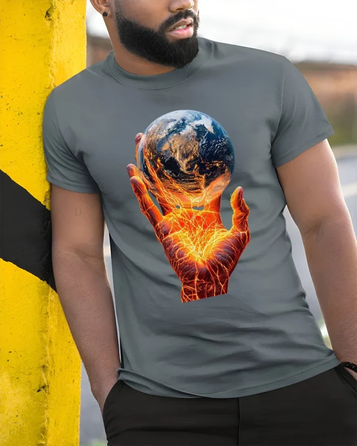 Earth on Fire Graphic T-Shirt Fiery Hand Planet Art Tee - model in grey shirt leaning against column
