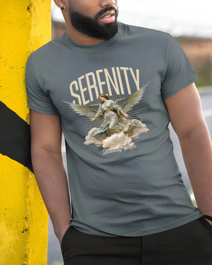 Serenity Angel Graphic T-Shirt Heavenly Choirs Print Tee - model in grey shirt leaning against column