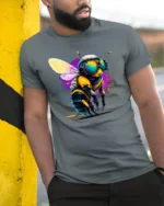 Cool Cyber Bee T-Shirt Neon Insect Graphic Streetwear - model in grey shirt leaning against column