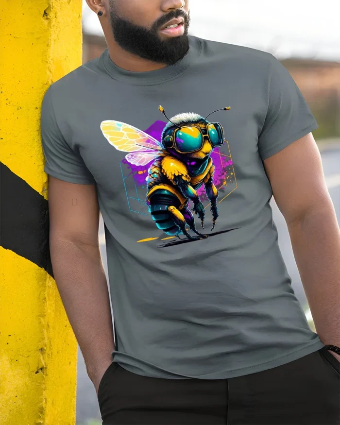Cool Cyber Bee T-Shirt Neon Insect Graphic Streetwear - model in grey shirt leaning against column