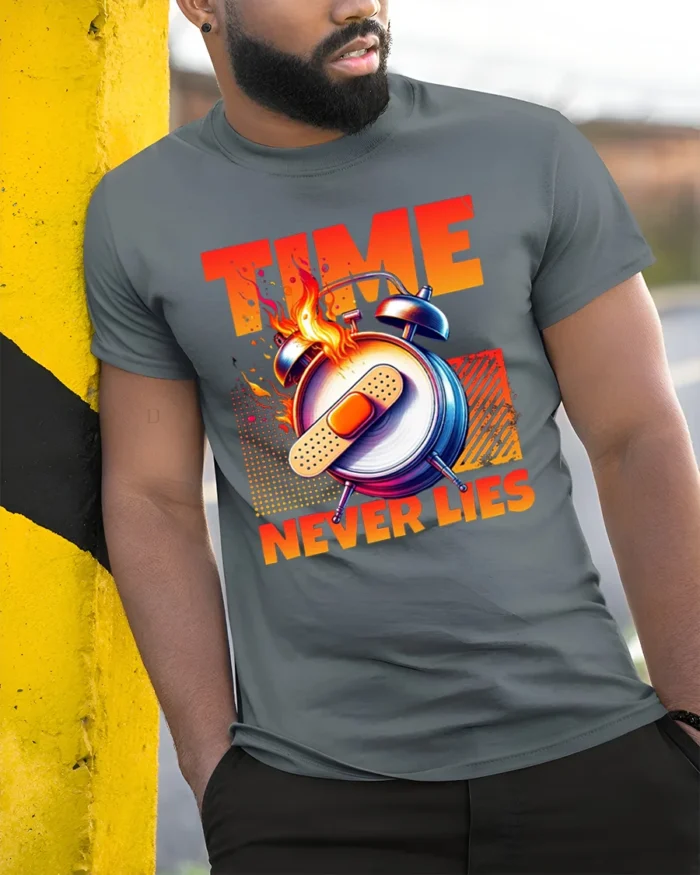 Time Never Lies Motivational T-Shirt Graphic Fire Clock Tee - model in grey shirt leaning against column