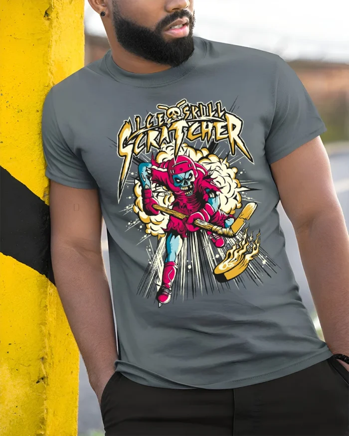 Ice Skull Scratcher Hockey T-Shirt Skeleton Player Tee - model in grey shirt leaning against column
