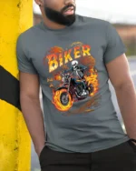 Skeleton Biker T-Shirt Flaming Motorcycle Graphic Tee - model in grey shirt leaning against column