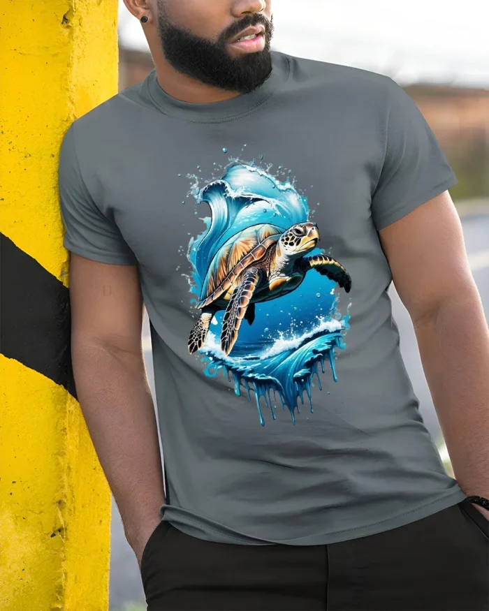 Ocean Turtle Graphic T-Shirt Sea Life Nature Tee - model in grey shirt leaning against column