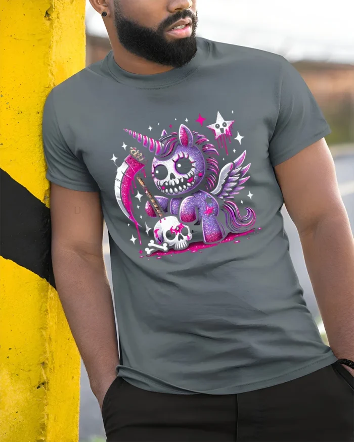 Gothic Unicorn T-Shirt Grim Fantasy Cute Creepy Tee - model in grey shirt leaning against column