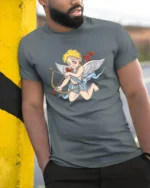 Vintage Cupid T-Shirt Romantic Angel Love Arrow Tee - model in grey shirt leaning against column