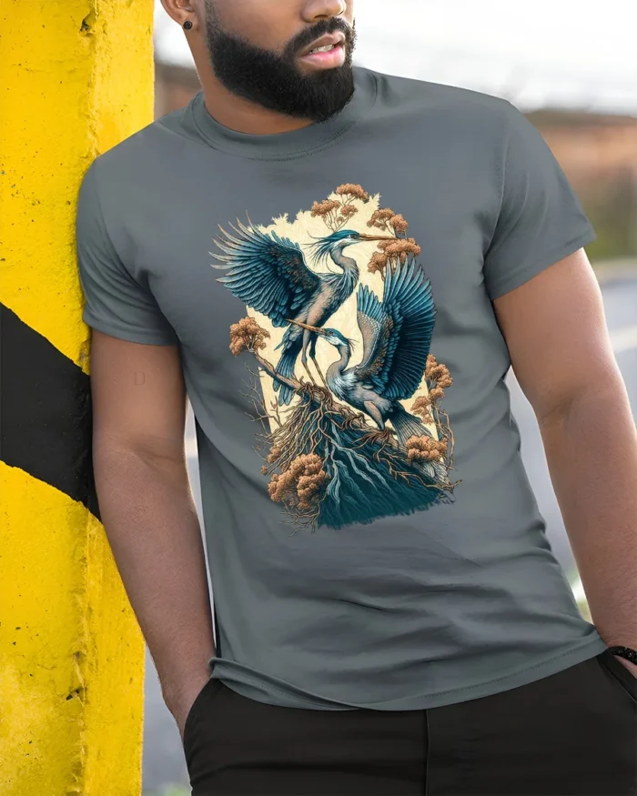 Majestic Heron Nature Scene T-Shirt Bird Art Tee - model in grey shirt leaning against column